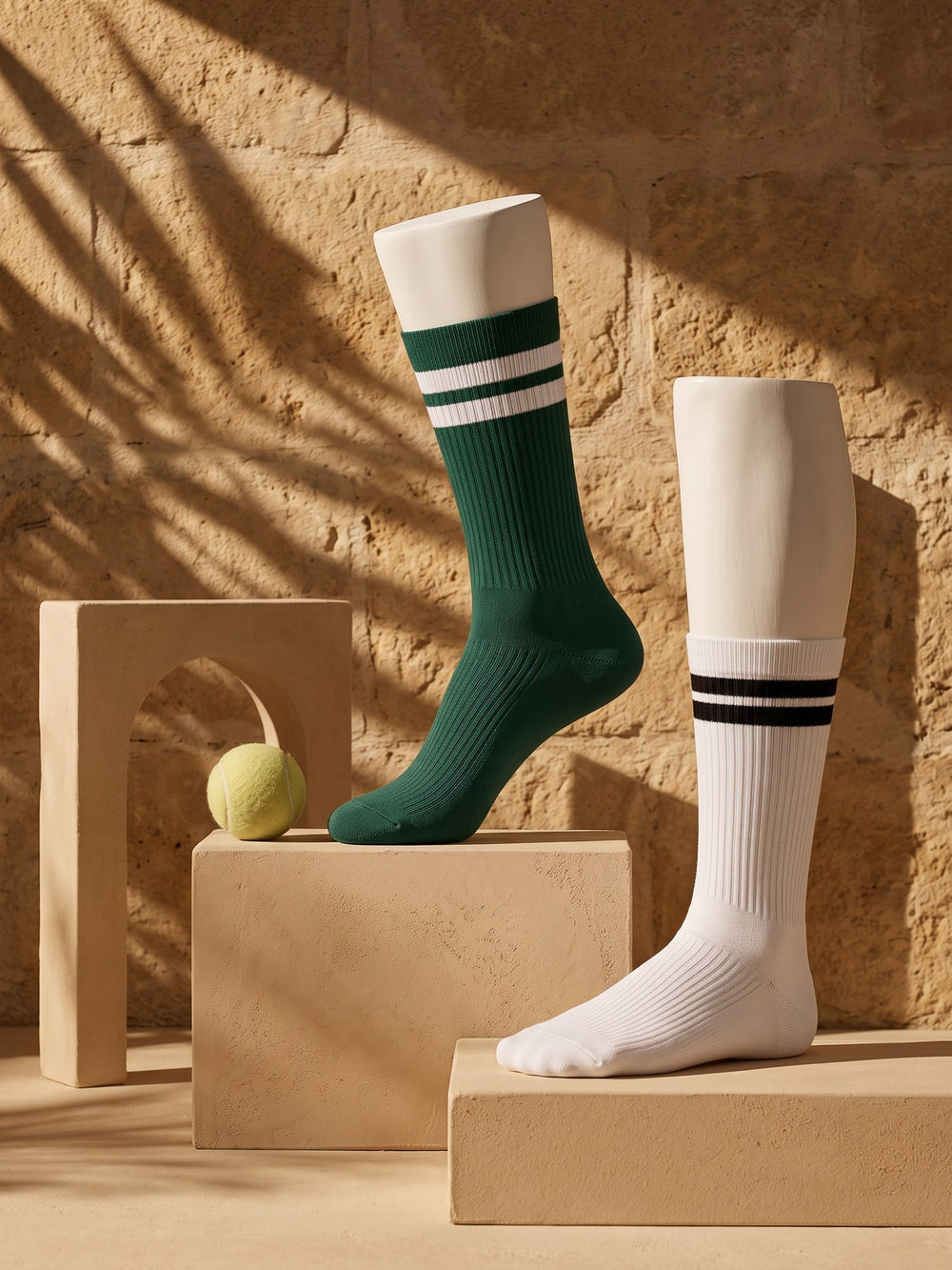 A green and a white Sport Sock with two-stripe cuffs on white plaster legs beside a tennis ball