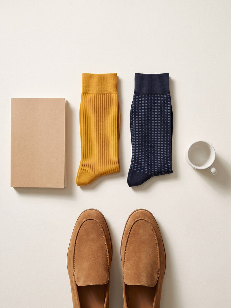 An ochre ribbed crew sock and a navy jacquard sock laid flat on cream paper beside tan suede loafers