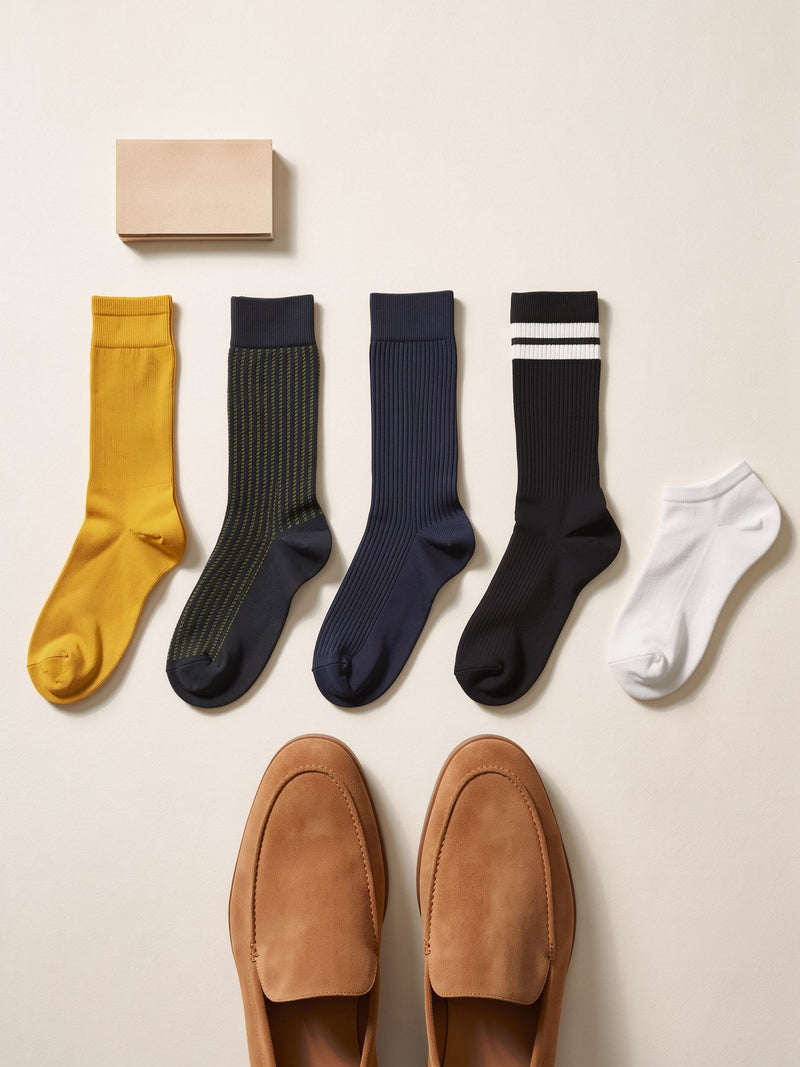 Five Luren socks laid flat on cream paper: a mustard Silver Edition dress sock, a green jacquard, a navy ribbed crew, a black Sport Sock and a white Trainer Sock