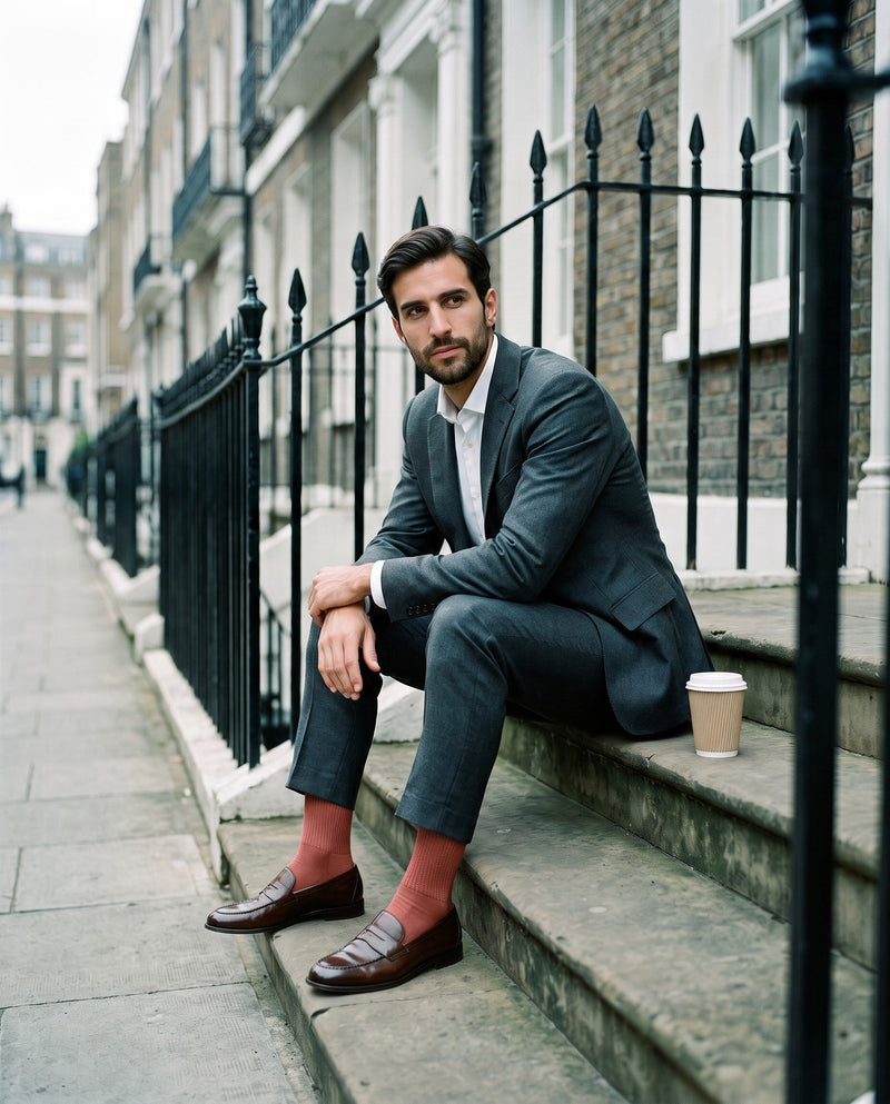 A man in a suit on London steps, brick Silver Edition socks and loafers