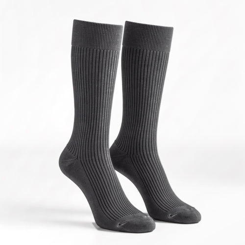 Charcoal ribbed crew socks, pair standing on a white background