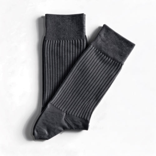 Charcoal ribbed crew socks, pair laid flat on white