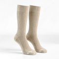 Sand ribbed crew socks, pair standing on a white background