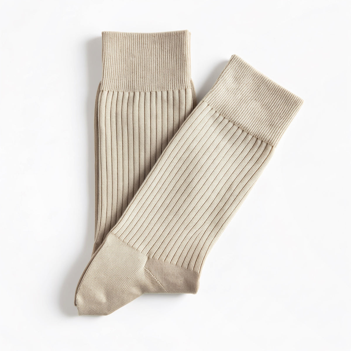 Sand ribbed crew socks, pair laid flat on white