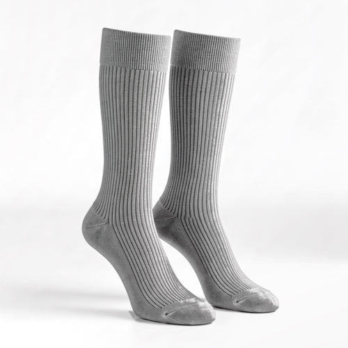 Grey Marl ribbed crew socks, pair standing on a white background