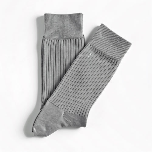 Grey Marl ribbed crew socks, pair laid flat on white