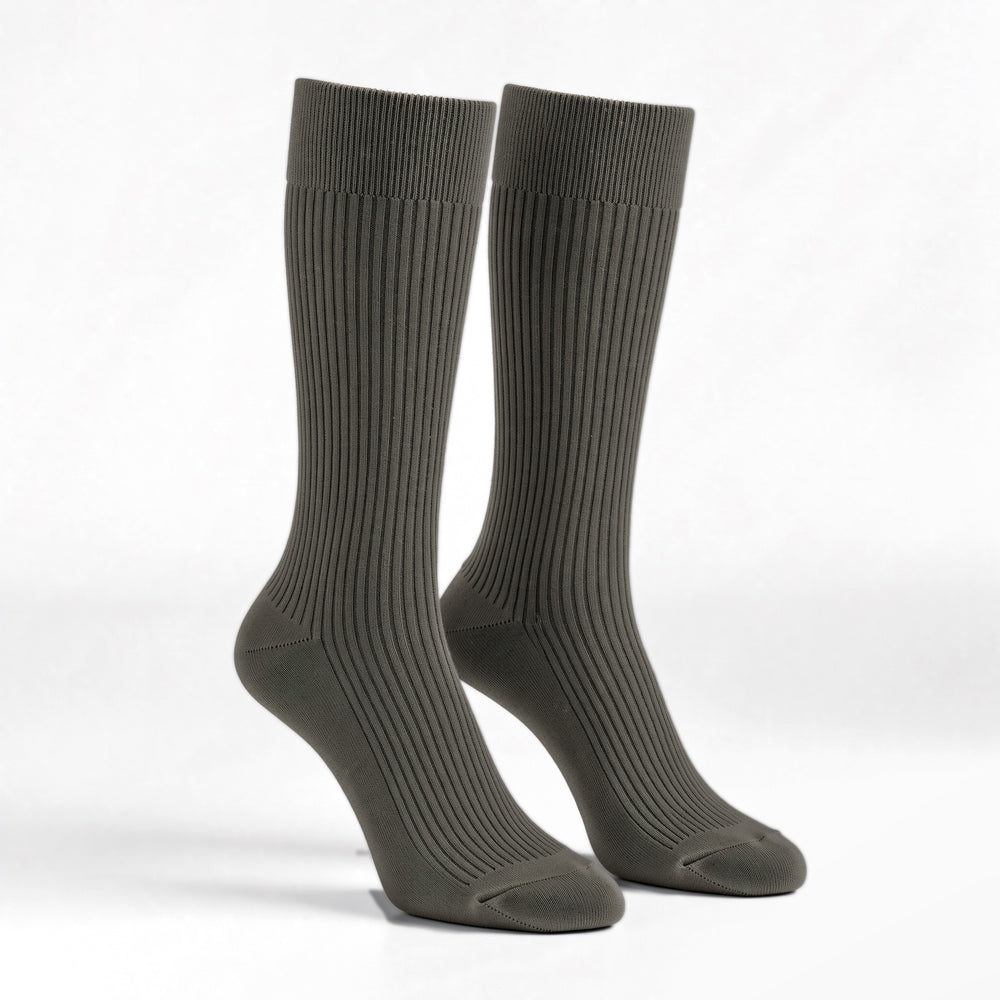 Olive ribbed crew socks, pair standing on a white background