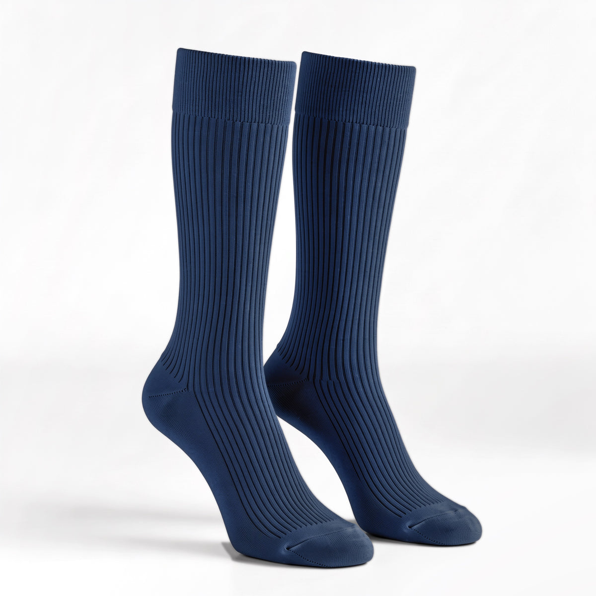 Navy ribbed crew socks, pair standing on a white background