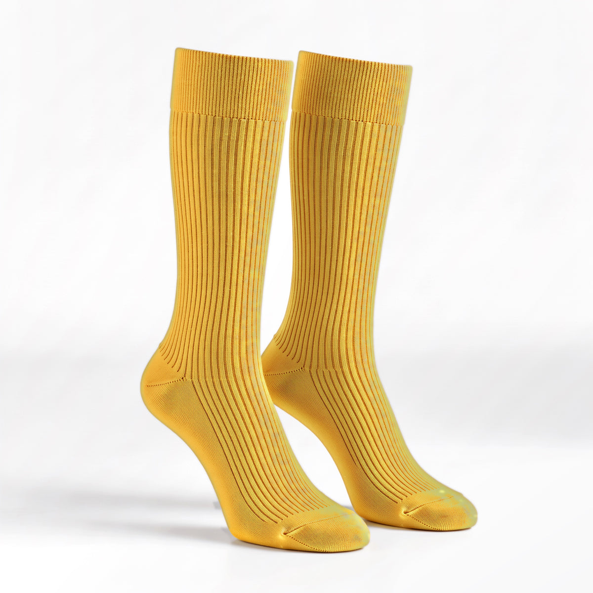 Ochre ribbed crew socks, pair standing on a white background