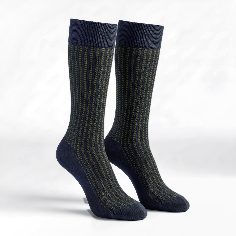Green jacquard crew socks, navy with a green pattern, pair standing on a white background