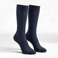 Navy jacquard crew socks, pair standing on a white background