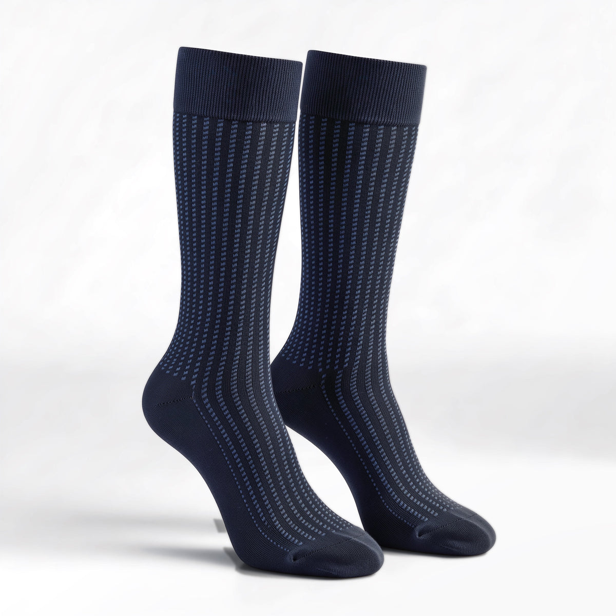 Navy jacquard crew socks, pair standing on a white background