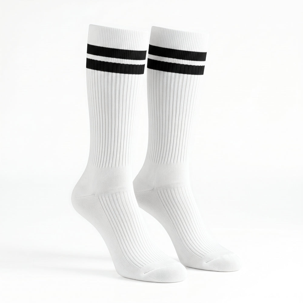 White striped sport socks, pair standing on a white background
