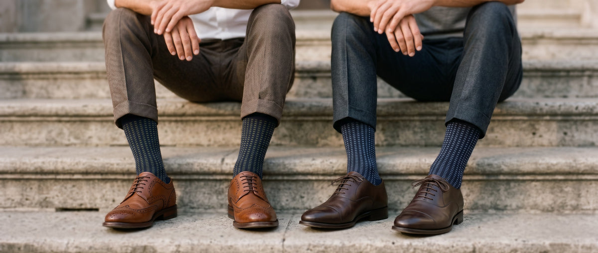 Two men on stone steps in jacquard dress socks