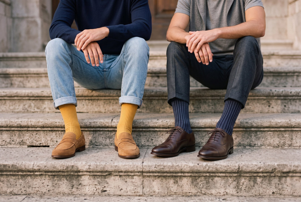 Two people on stone steps, one in ochre ribbed socks, one in navy jacquard socks