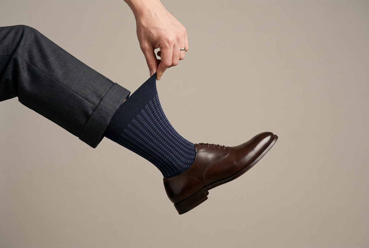 Navy jacquard crew socks being pulled up, with a brown brogue